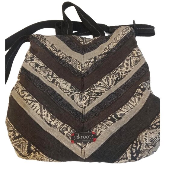 Sakroots Crossbody Tote Handbag Black Gray White Blue Handles Zipper Snap Button - Picture 3 of 8